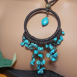 Artisan Boho Western Necklace Turquoise Dyed Howlite & Macramé Pendant